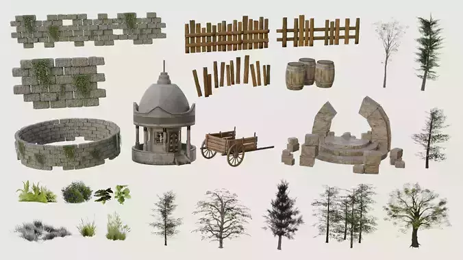 Nature map with objects Low-poly 3D model