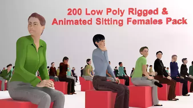 Low Poly Rigged and Animated Sitting Females Pack - 200 Pieces Low-poly 3D model