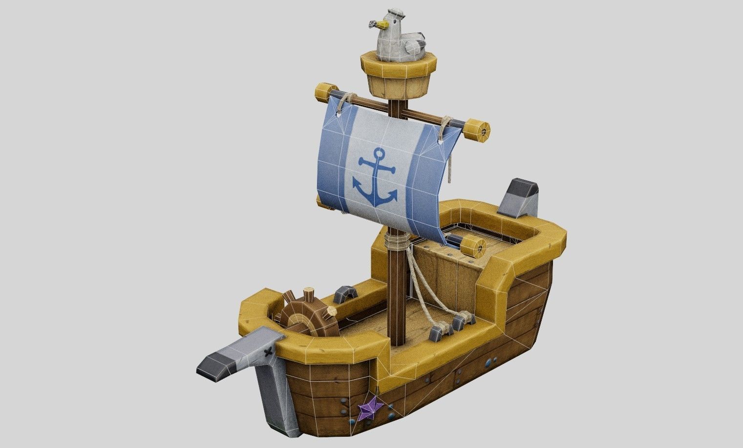 Stylized sailing ship with seagull low poly game ready 3D model Low-poly 3D model_3