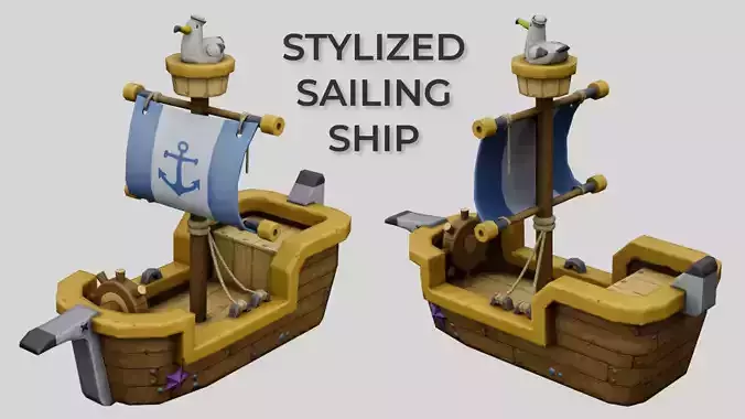 Stylized sailing ship with seagull low poly game ready 3D model Low-poly 3D model