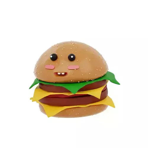  a 3d hamburger with a face on it and a green leaf