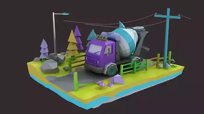 low poly truck camion mixer truck cargo heavy motortruck