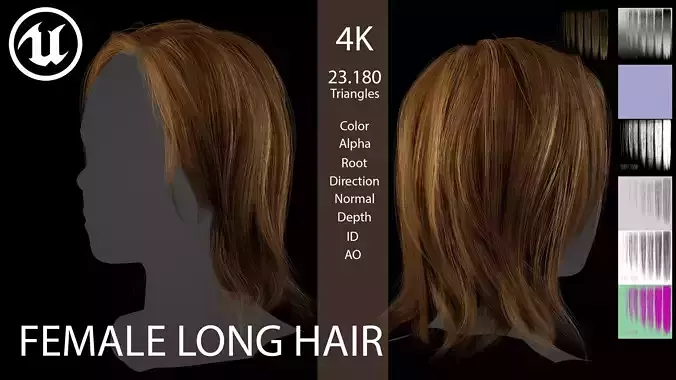 Game ready female long hairstyle real time hair Low-poly 3D model