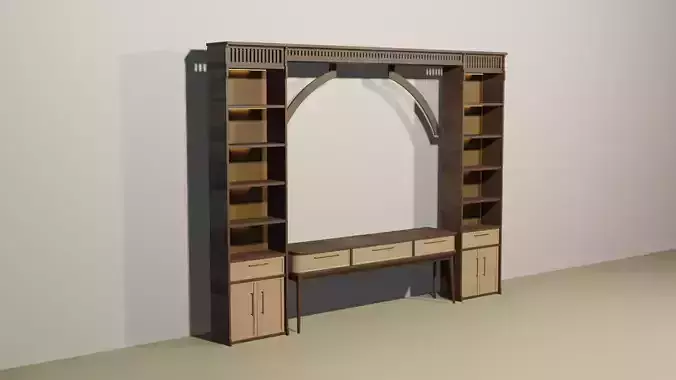 large table with cabinet and decorative arch 