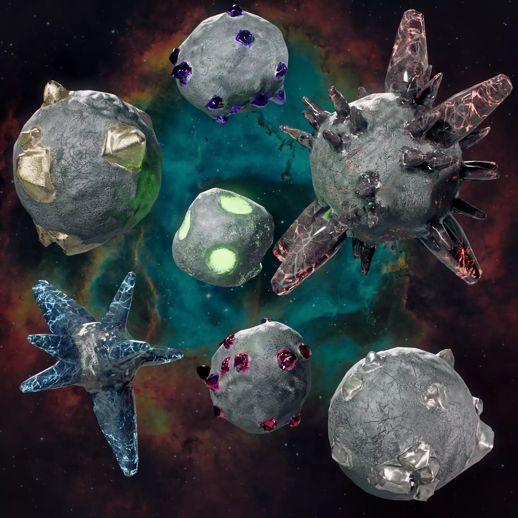 Asteroids with minerals and ores Low-poly 3D model_0