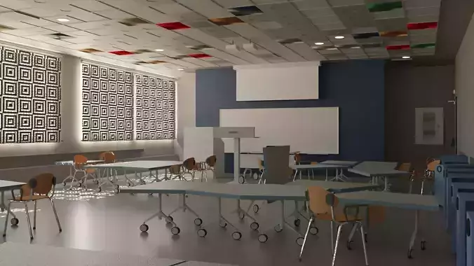 Colorful Dynamic Learning Classroom with animated roller shades 3D model