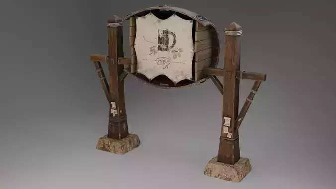 Antique Wooden Signboard Low-Poly 3D Model