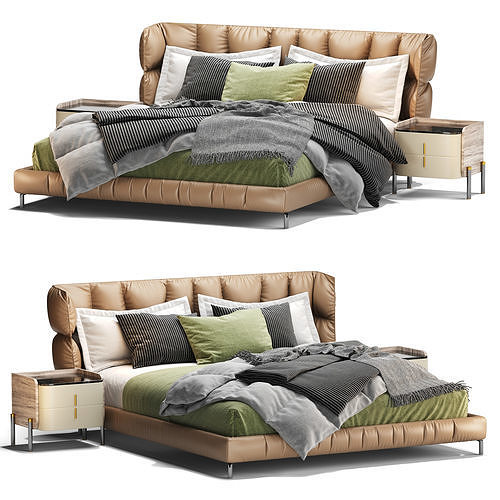 Winged Upholstered Headboard Brown Bed Low-poly 3D model