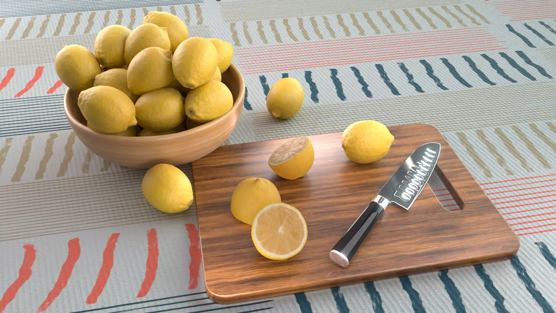 Fruit table model with lemon knife and cutting board model 3D model