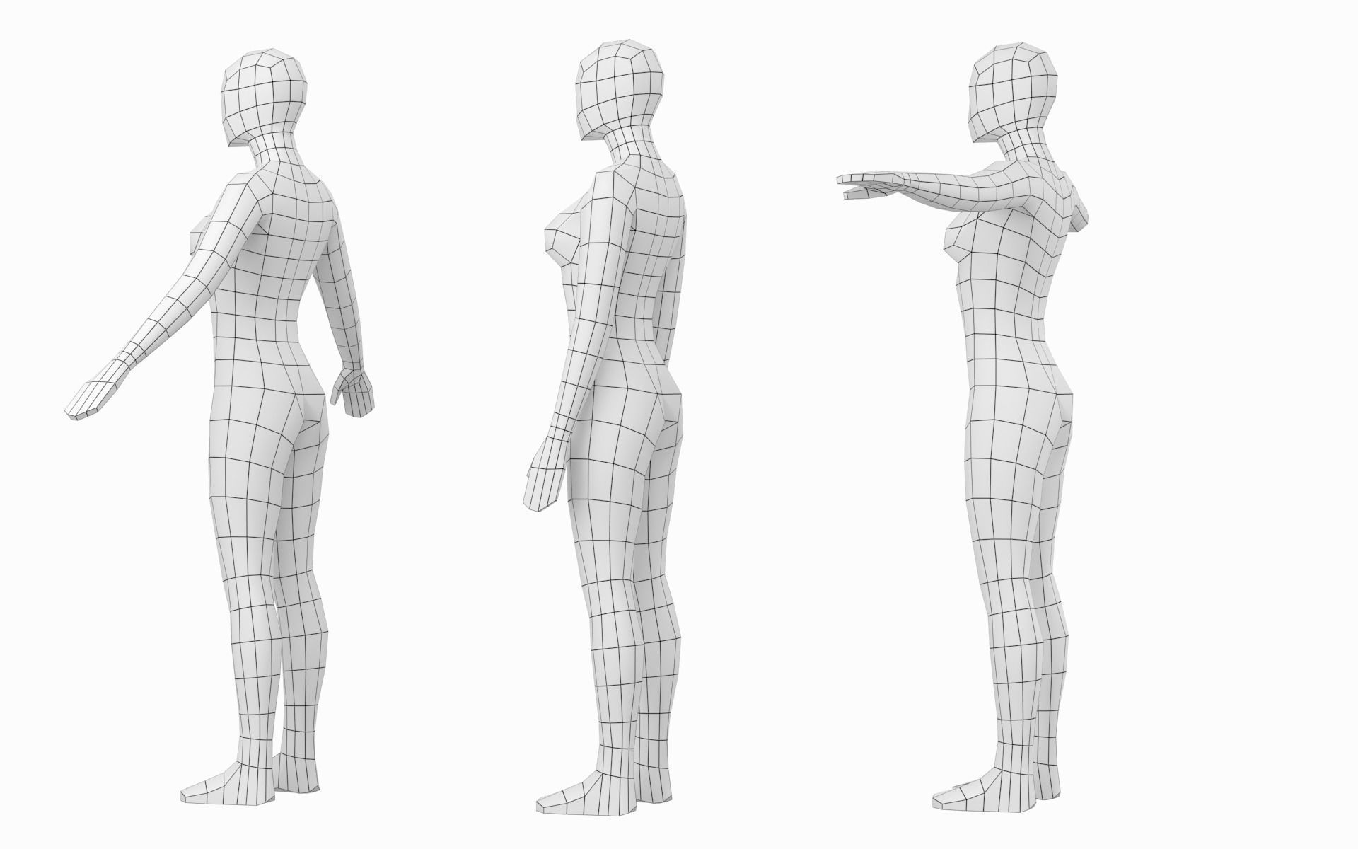 Natural Female in In 3 Modeling Poses Base Mesh 3D model_5