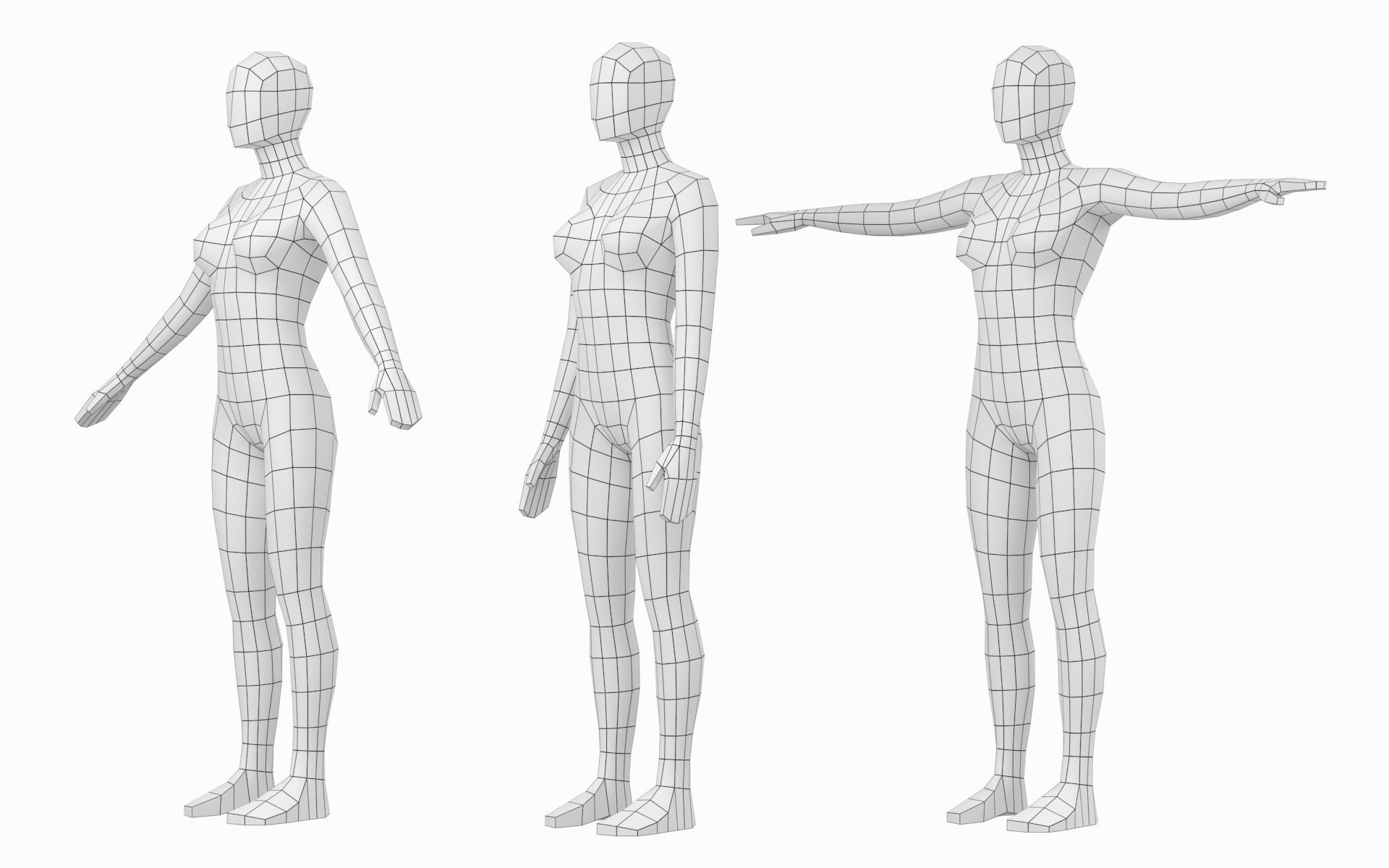 Natural Female in In 3 Modeling Poses Base Mesh 3D model_2