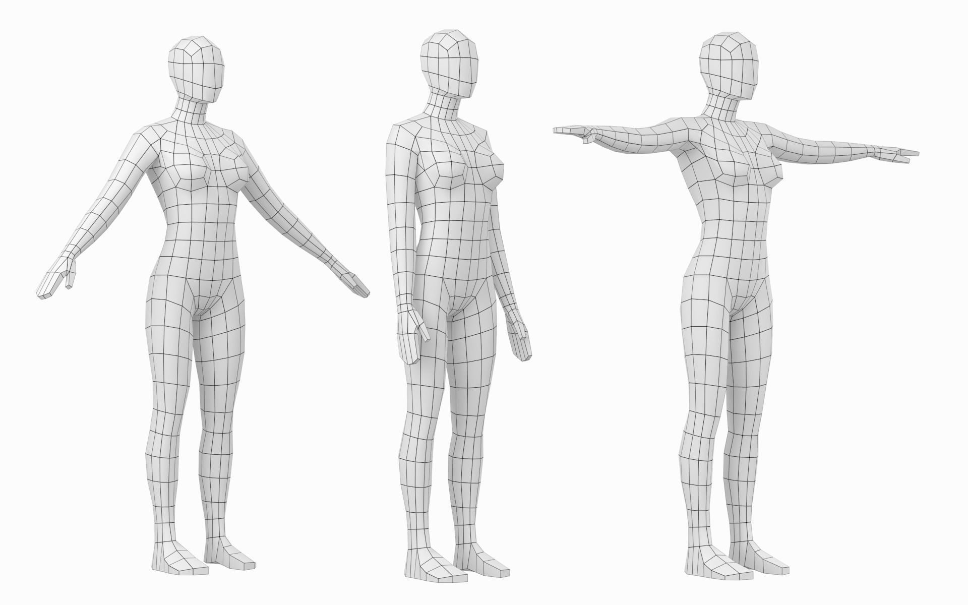 Natural Female in In 3 Modeling Poses Base Mesh 3D model_11