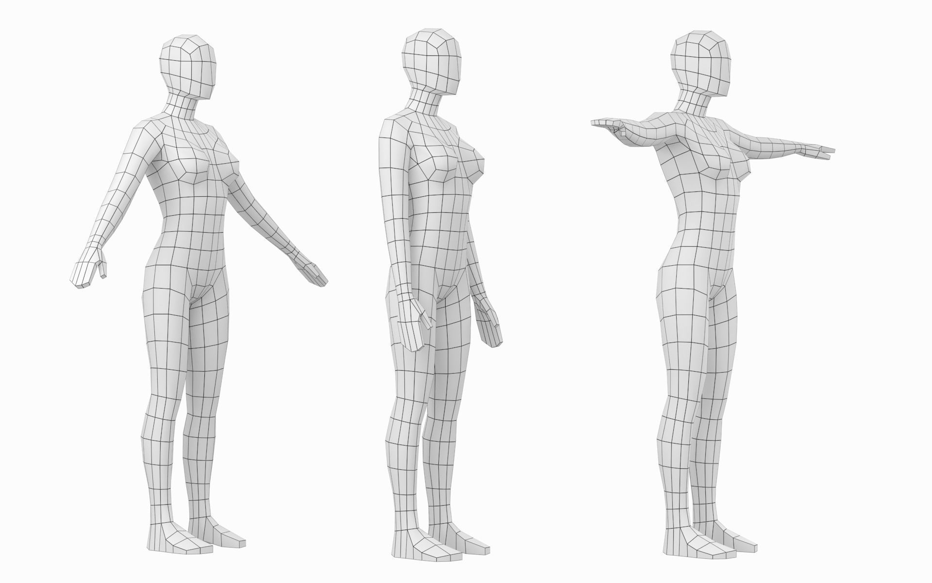 Natural Female in In 3 Modeling Poses Base Mesh 3D model_10