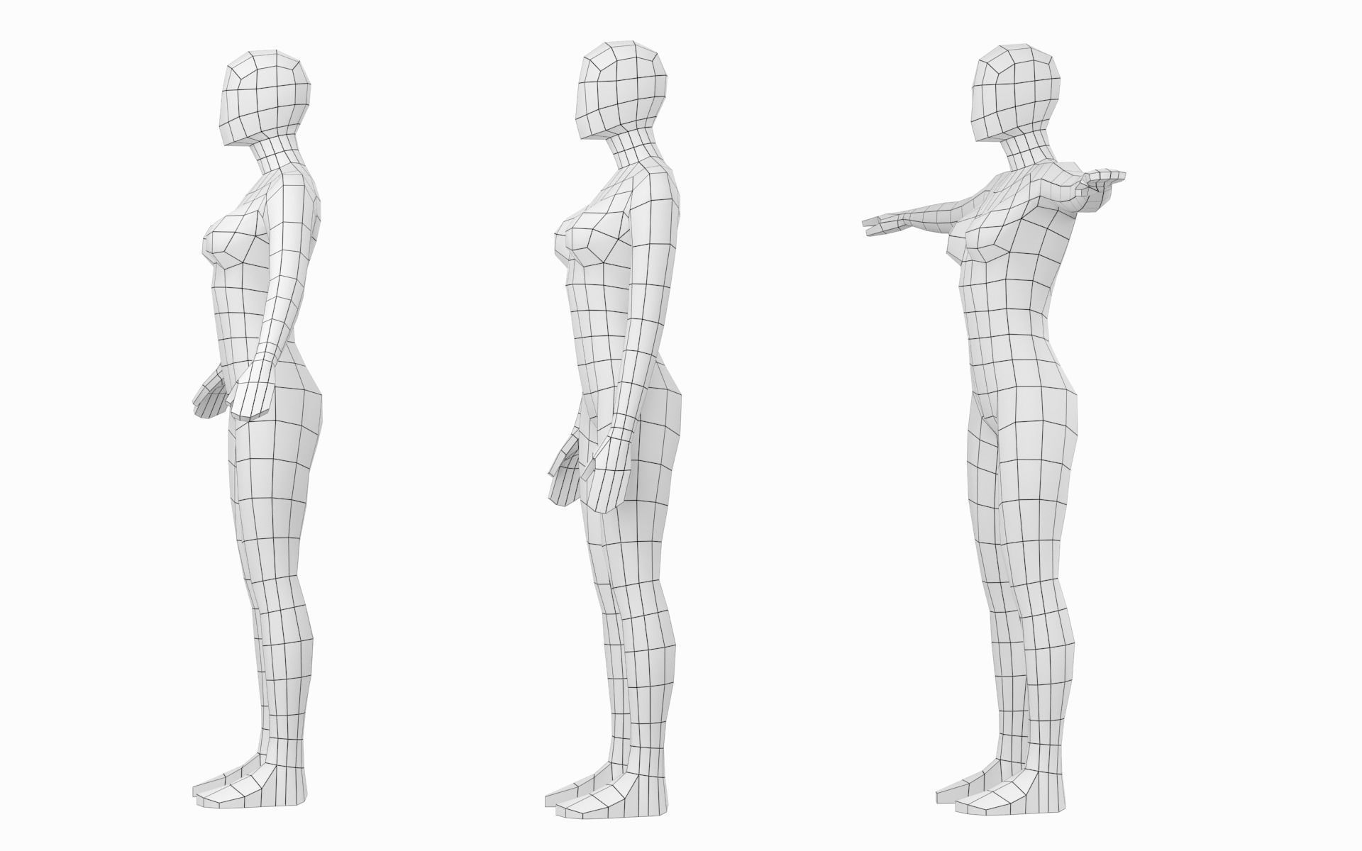 Natural Female in In 3 Modeling Poses Base Mesh 3D model_4