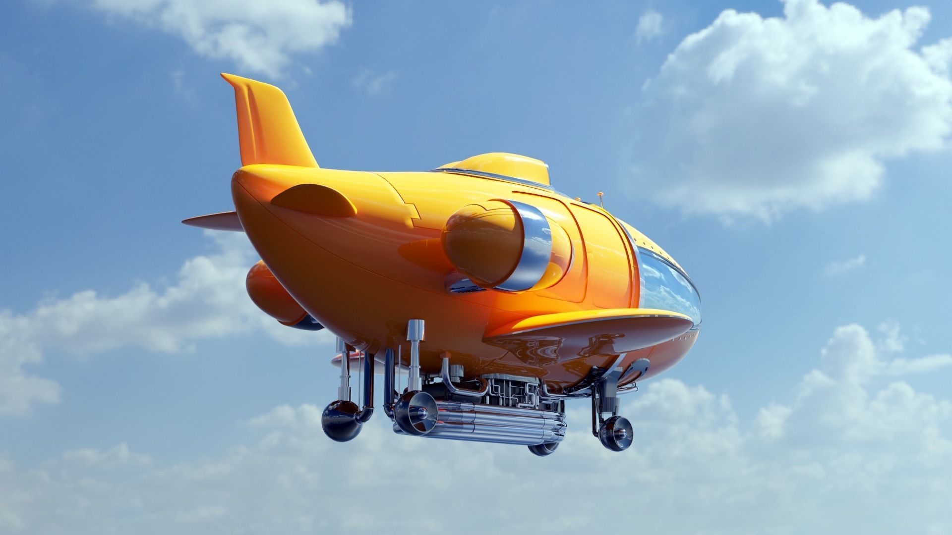 Fantastic retro futuristic airship airplane 3D model_4