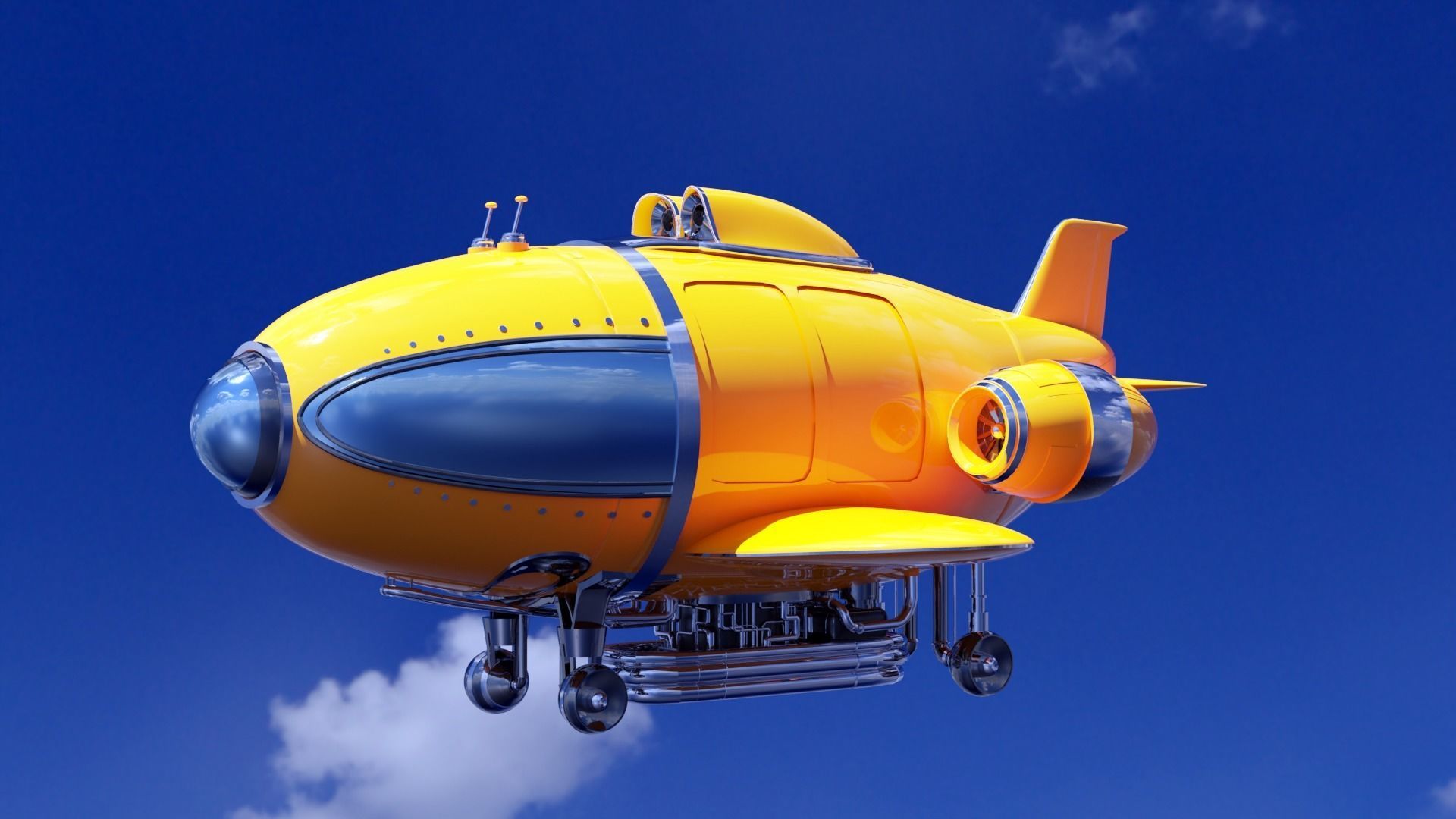 Fantastic retro futuristic airship airplane 3D model_5