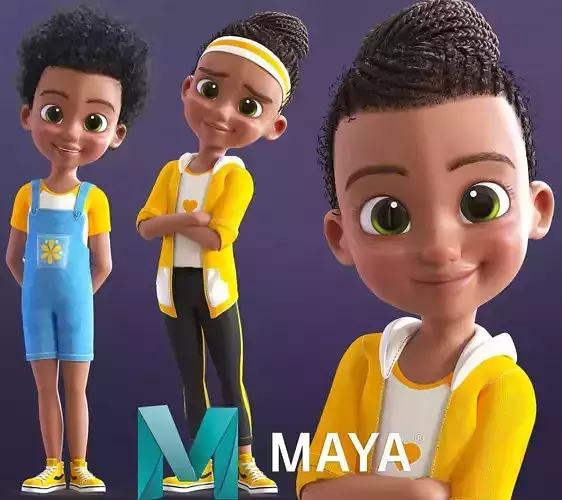 Cartoon Afro Girl 2 - Toon Rigged Child Character Maya Version Low-poly 3D model