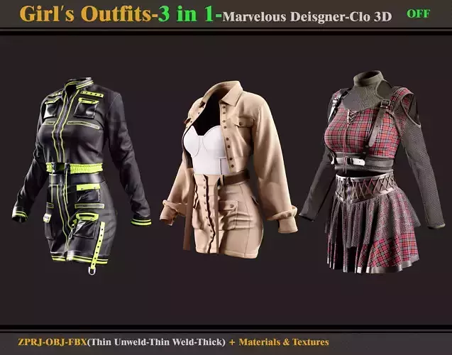 3 in 1 Girls Outfits-Models-Materials-Textures