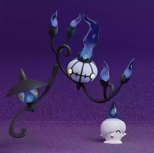 Pokemon - Litwick Lampent and Chandelure with 2 poses 3D print model