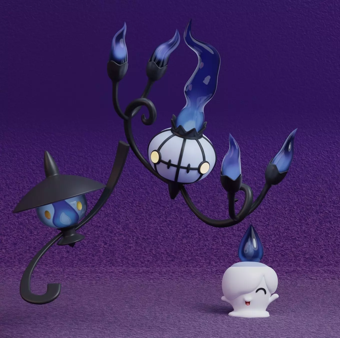 Pokemon - Litwick Lampent and Chandelure with 2 poses 3D print model_0
