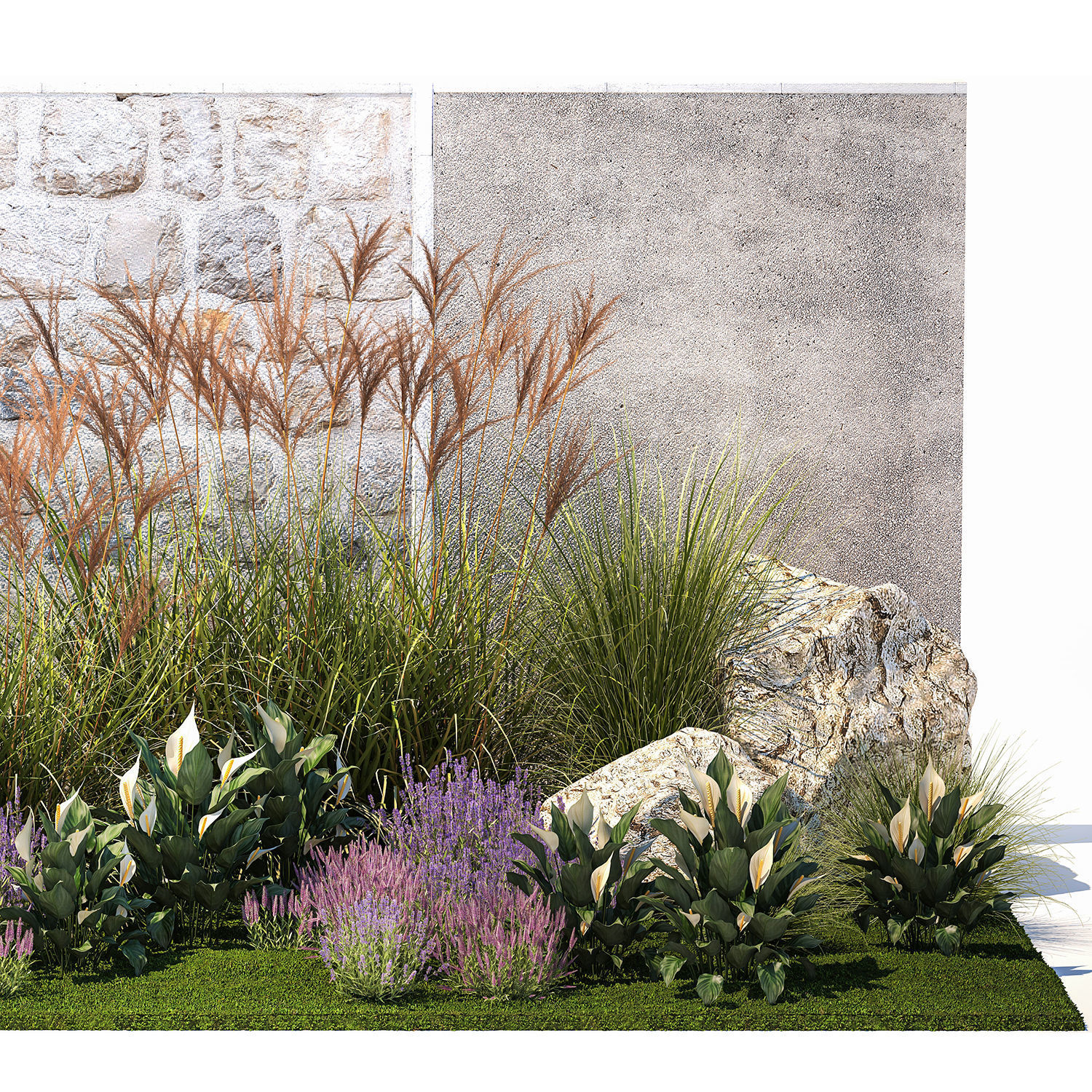 Garden with lavender bushes Spathiphyllum Miscanthus 1397 3D model_10