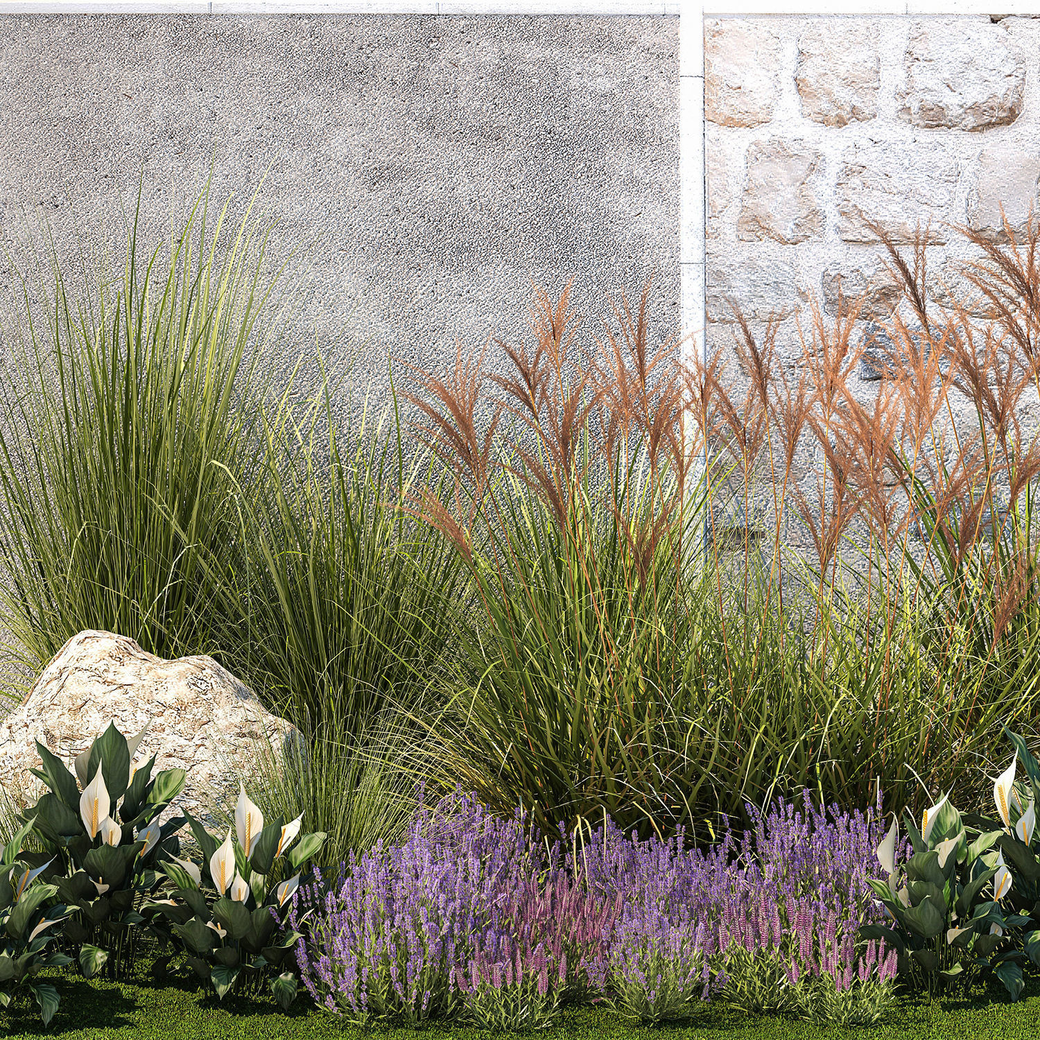 Garden with lavender bushes Spathiphyllum Miscanthus 1397 3D model_11