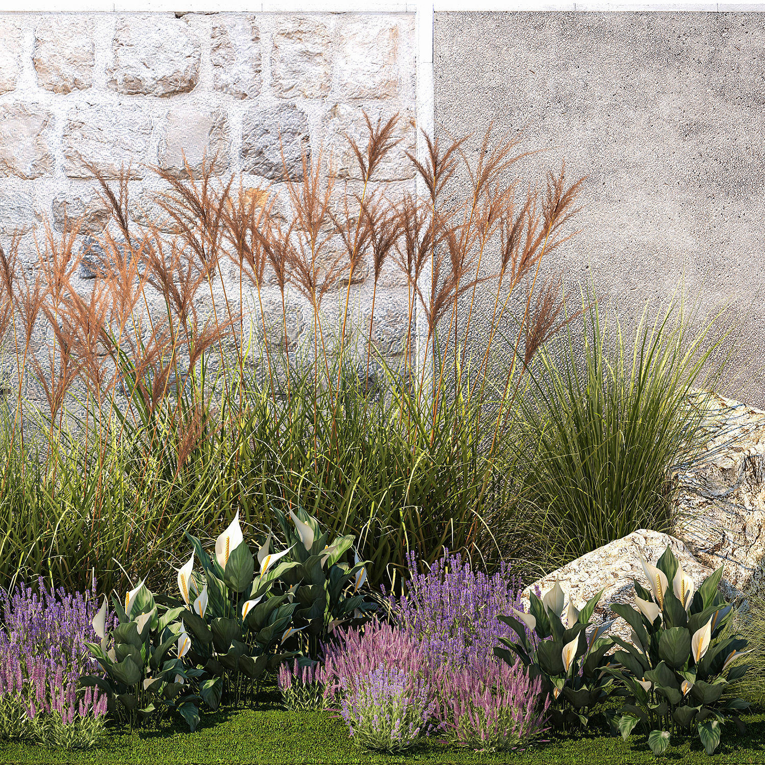 Garden with lavender bushes Spathiphyllum Miscanthus 1397 3D model_12