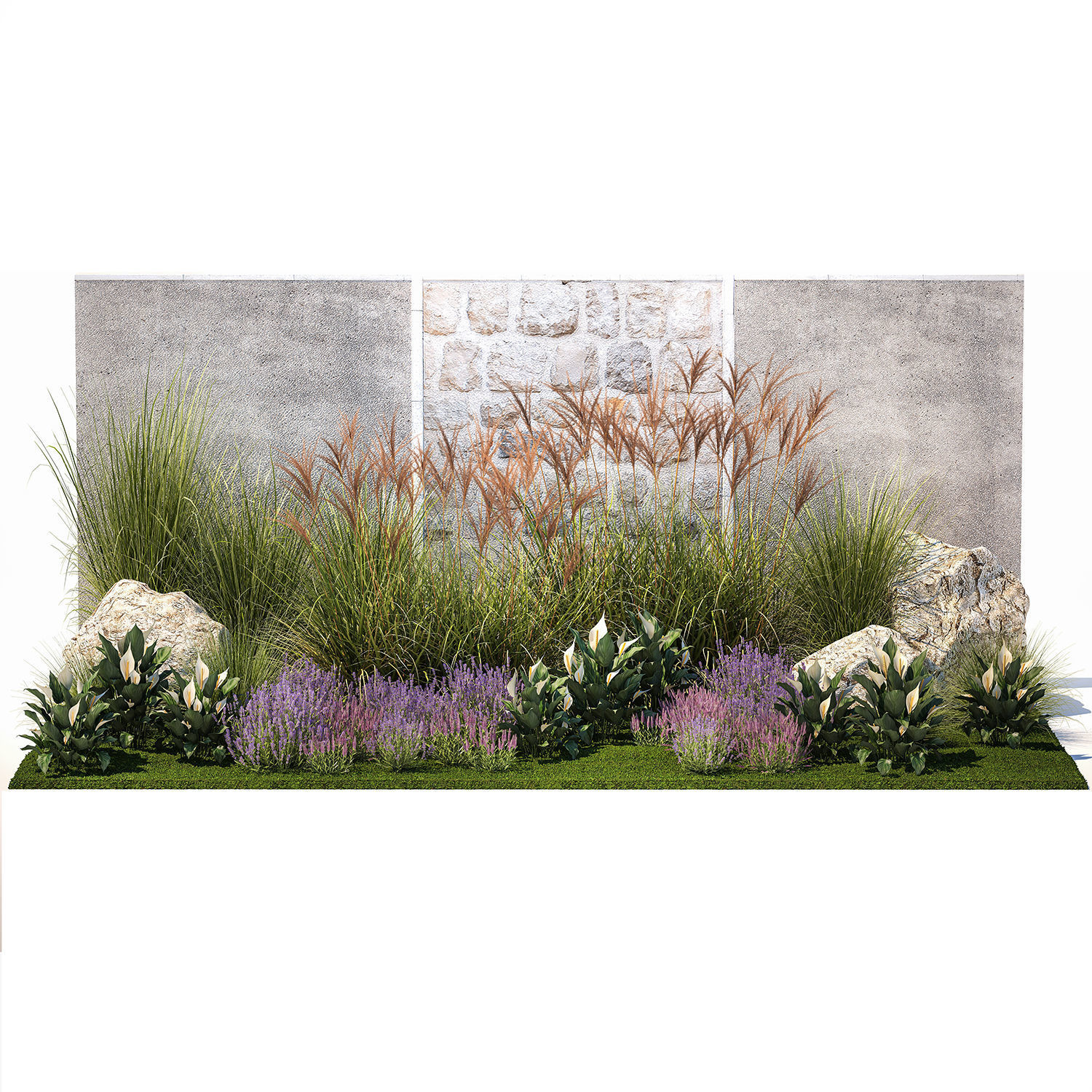 Garden with lavender bushes Spathiphyllum Miscanthus 1397 3D model_7