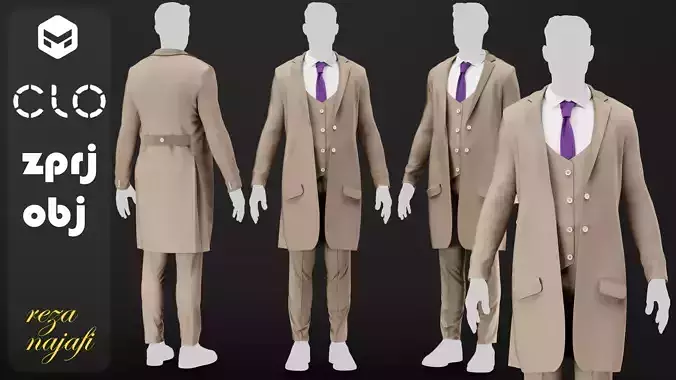Mens long coat for marvelous designer 3D model