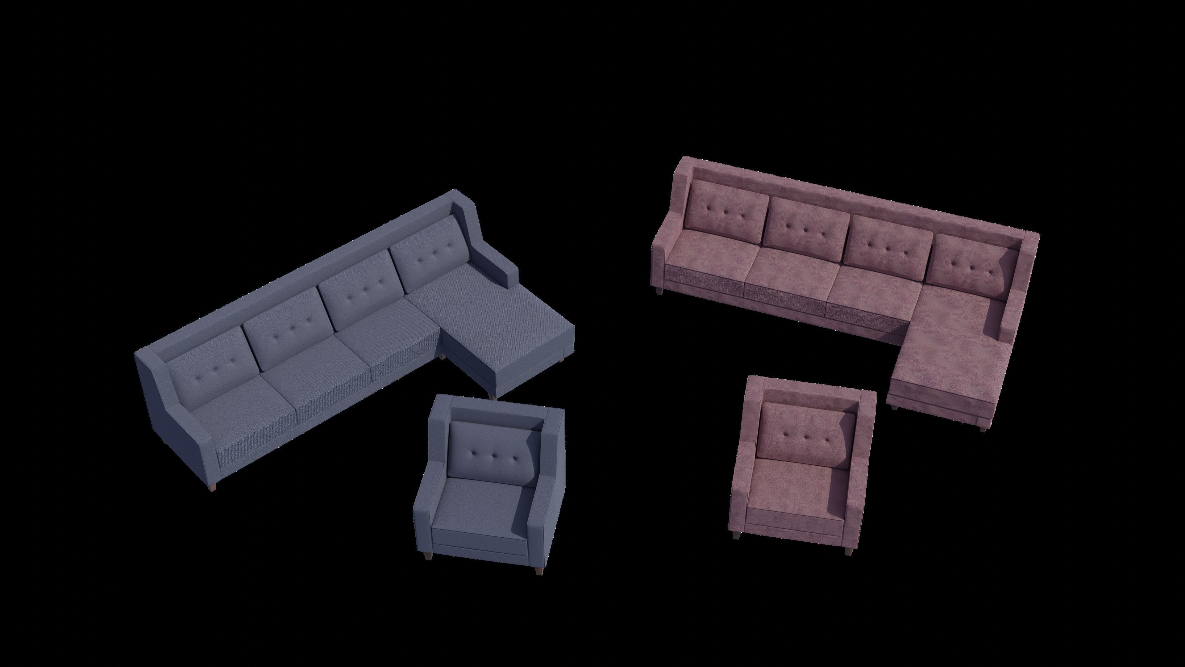 Two Color Sofa Set Low-poly 3D model_7
