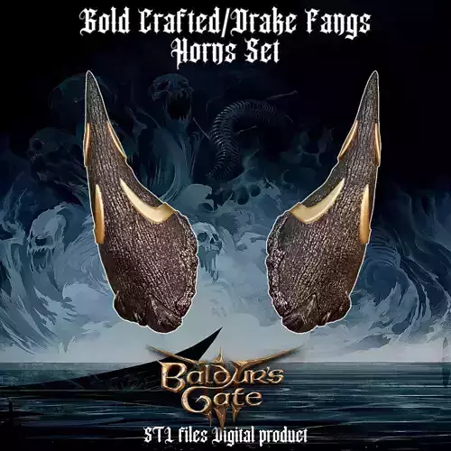 Fantasy Drake Fangs and Gold Crafted Horns Set Baldurs Gate 3
