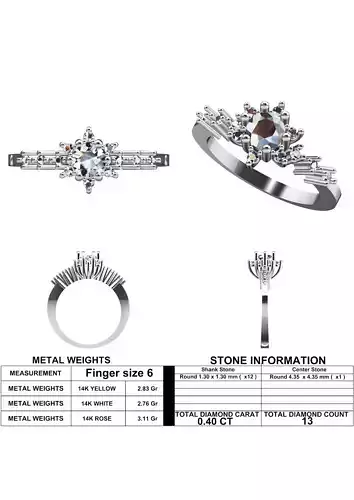 Sunburst Style Diamond Ring with 13 Stones 3D Model