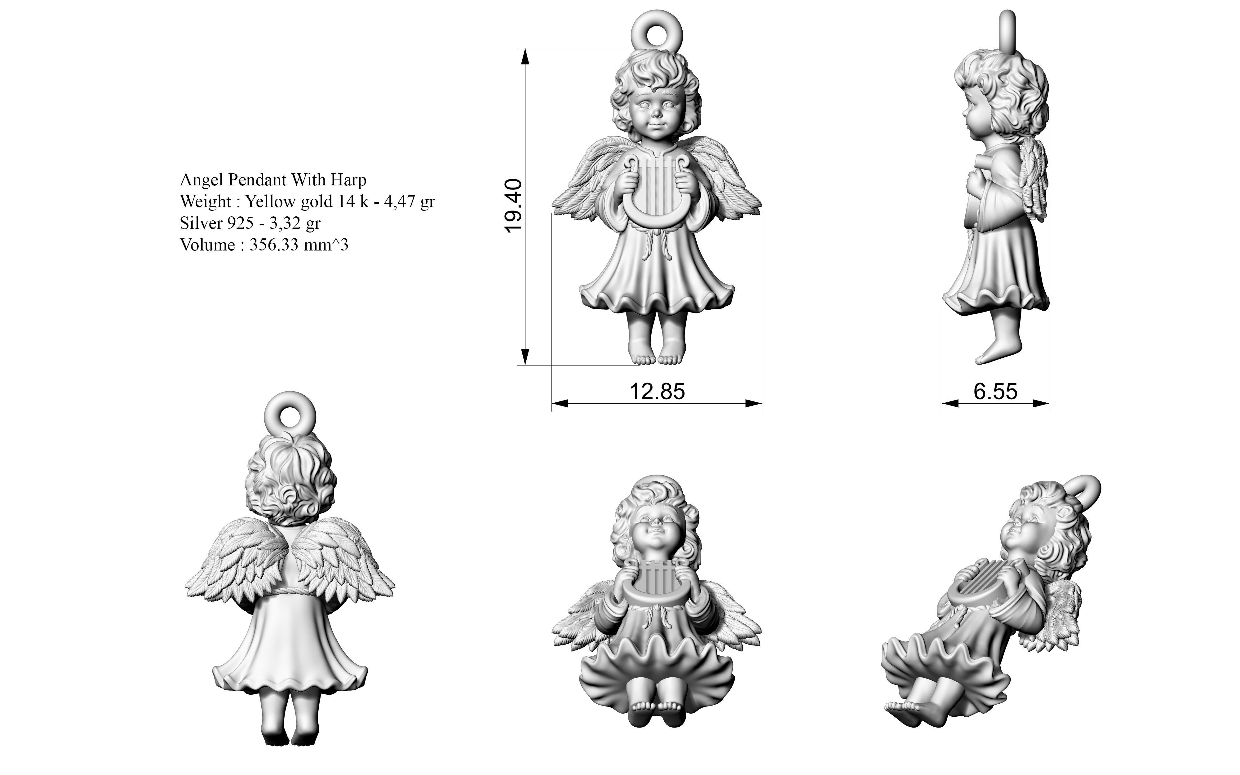 Angel Pendant With Harp 3D print model_2