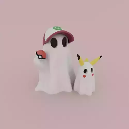 Cute little Boo cosplaying Ash and Pikachu 3D print model