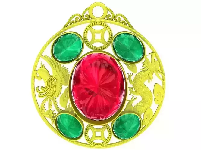 6615 Jewerly Art Fengshui Oval Ruby Dragon Phoneix Pendant