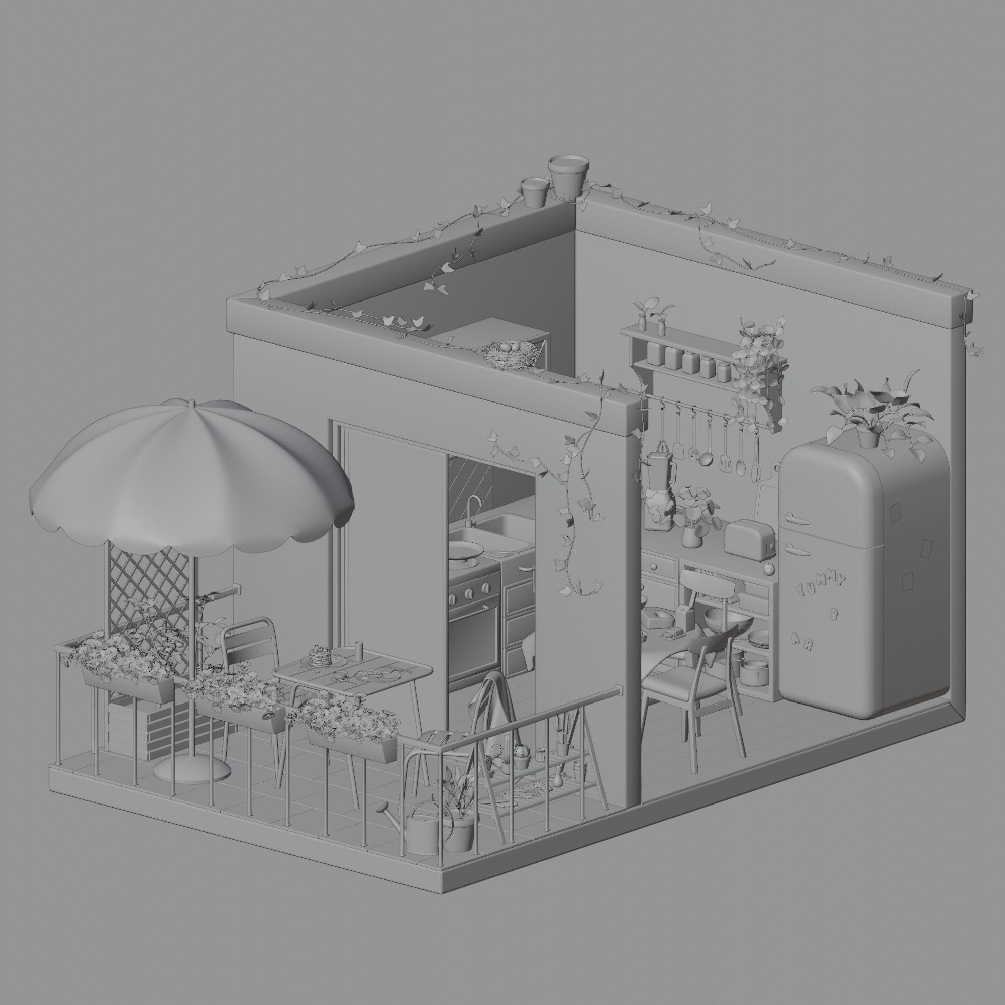 Kitchen and balcony 3D model_1