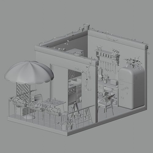 Kitchen and balcony 3D model 2