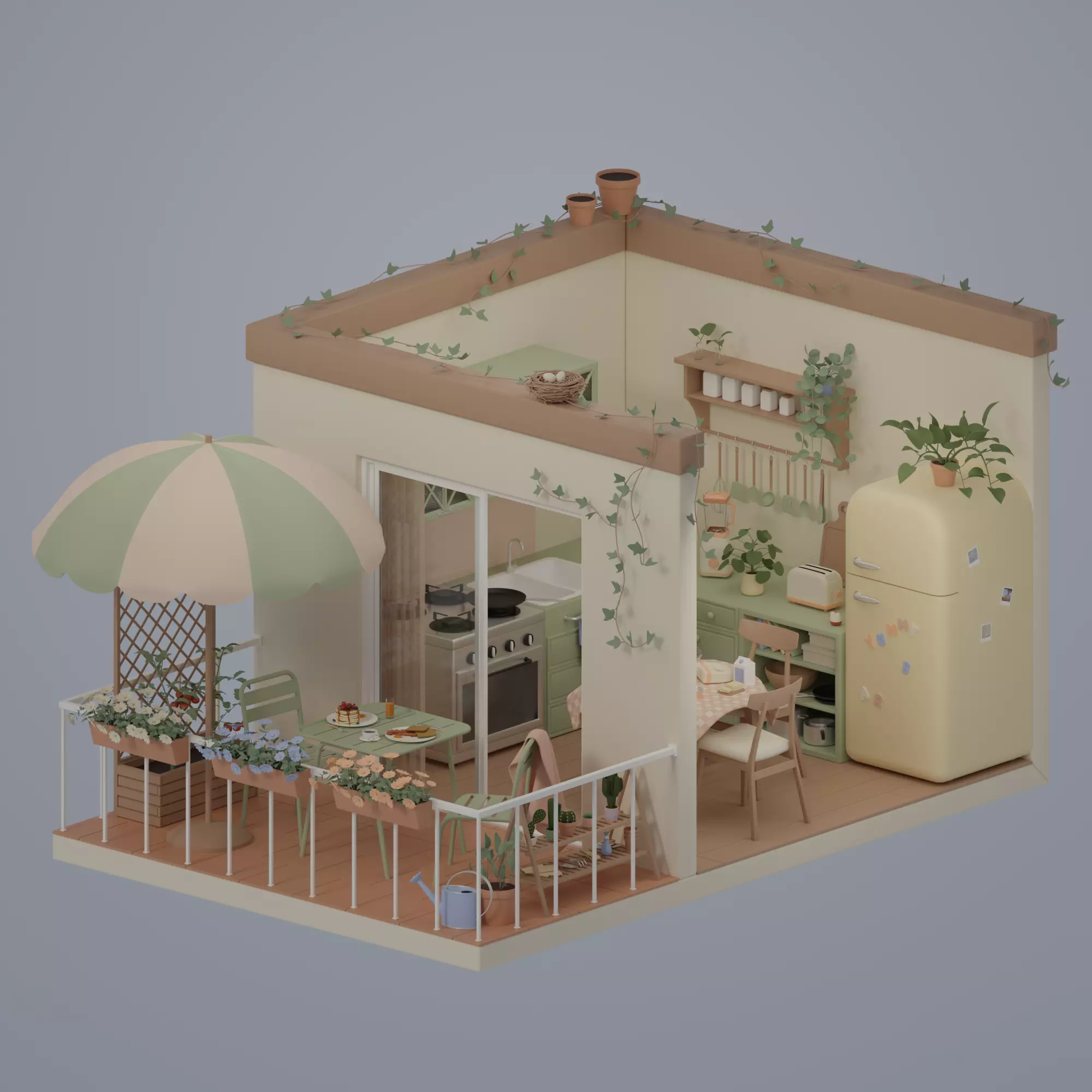Kitchen and balcony 3D model_0