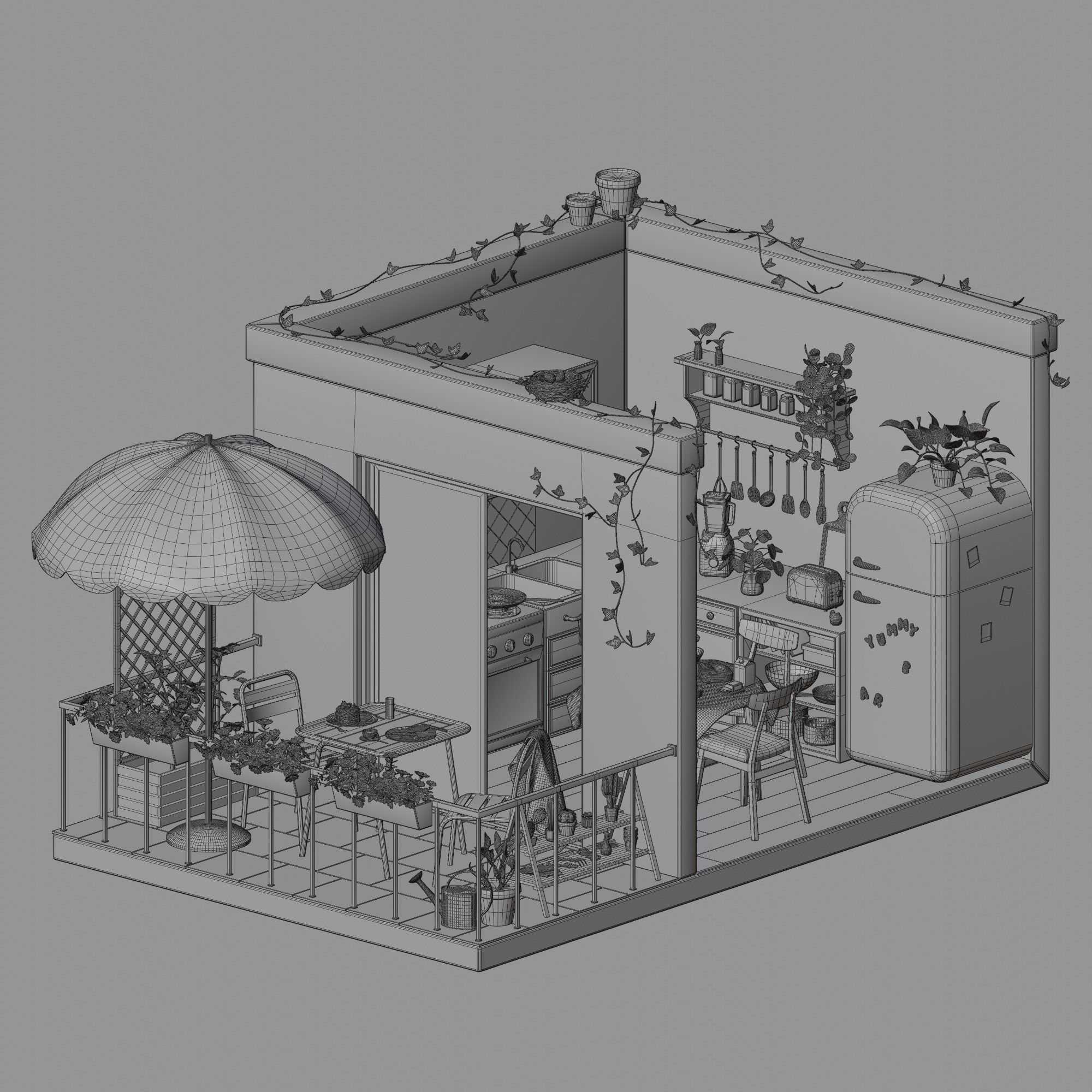 Kitchen and balcony 3D model_2