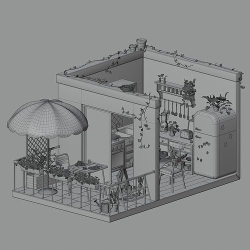 Kitchen and balcony 3D model 3