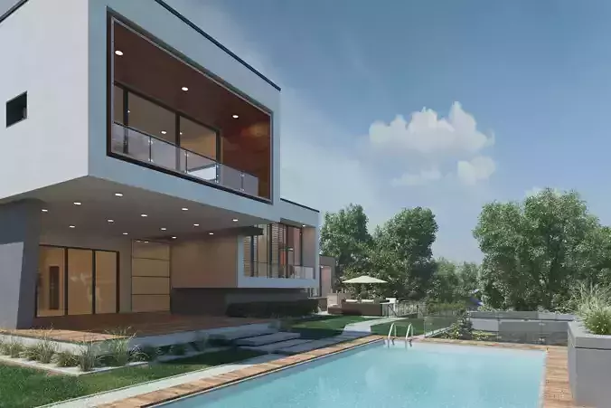 Modern house 3D scene environment with forest surrounded 3D model