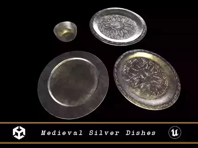 Medieval Silver Dishes Set Low-poly 3D model