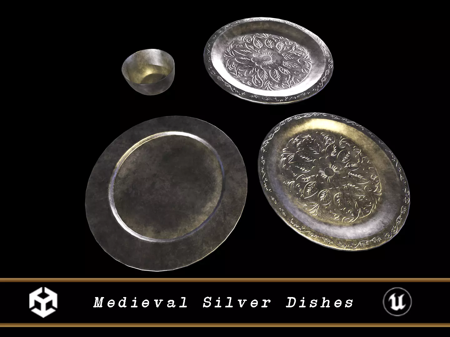 Medieval Silver Dishes Set Low-poly 3D model_0