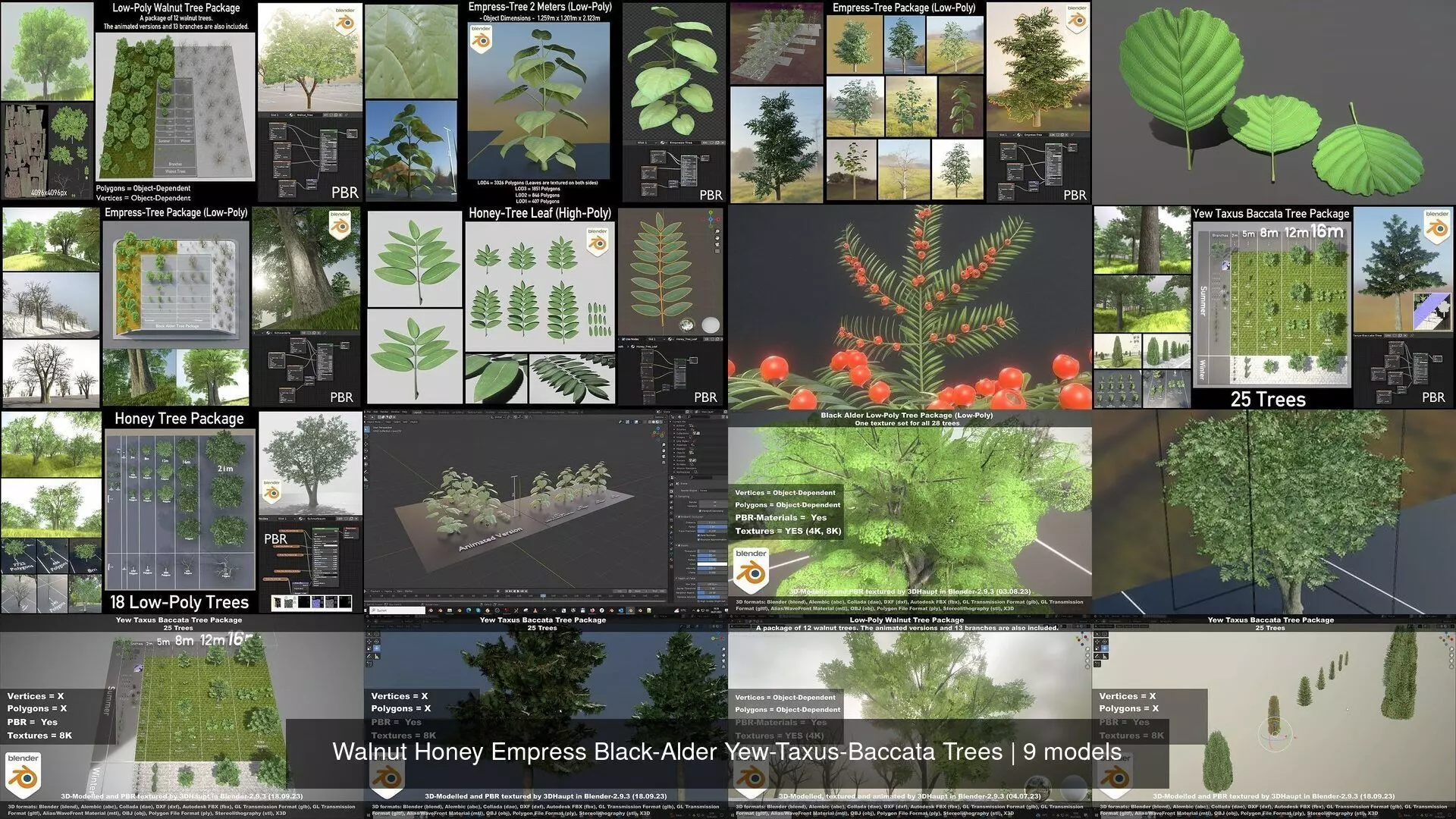 Walnut Honey Empress Black-Alder Yew-Taxus-Baccata Trees 3D Model Collection_0