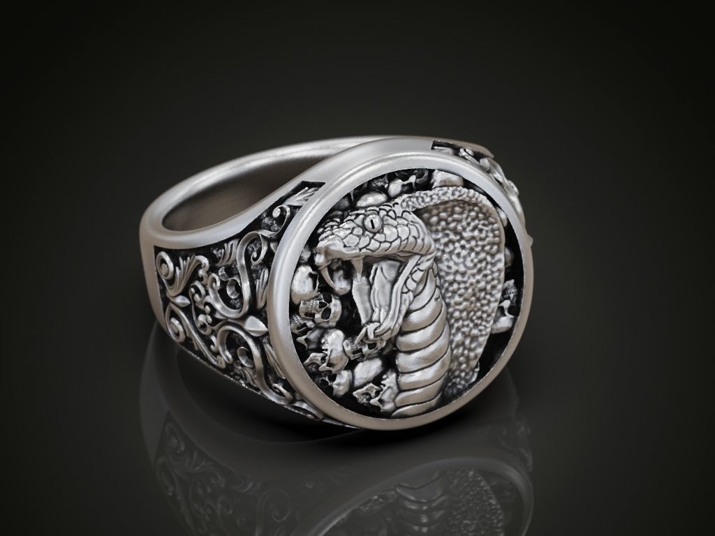 Cobra Skulls ring baroque pattern 3D print model_1