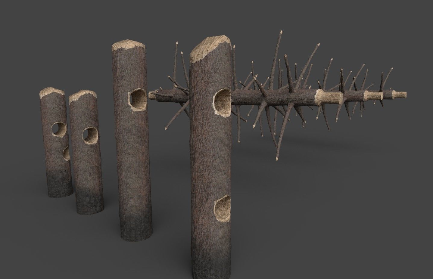 Medieval spiky tree trunk barricade Low-poly 3D model_29