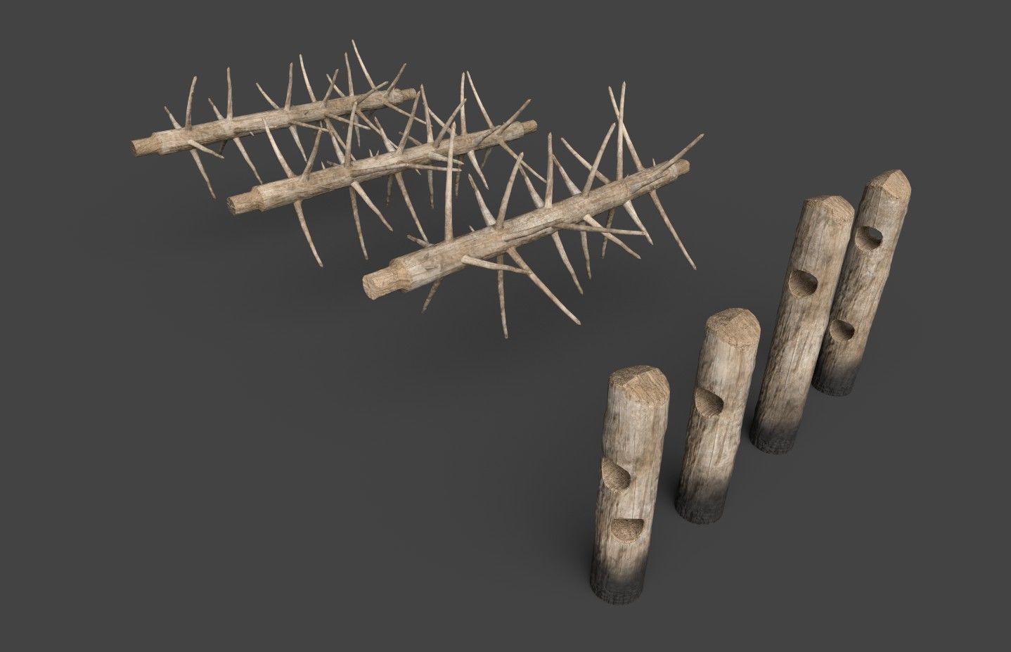 Medieval spiky tree trunk barricade Low-poly 3D model_40