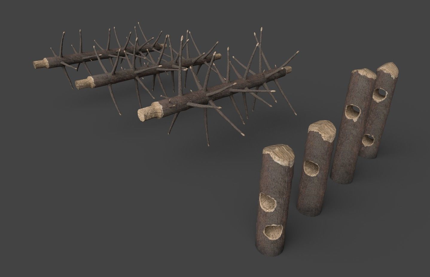 Medieval spiky tree trunk barricade Low-poly 3D model_27