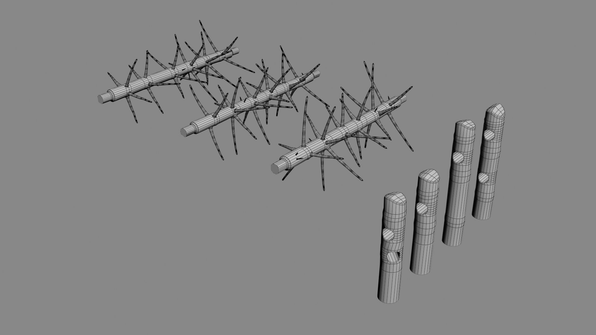 Medieval spiky tree trunk barricade Low-poly 3D model_2