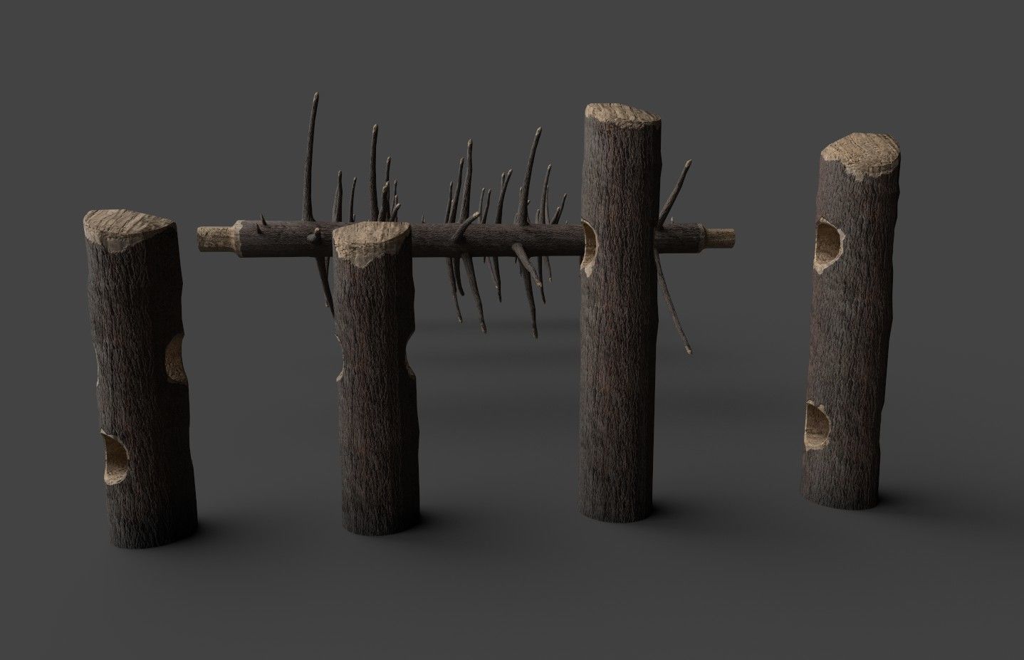 Medieval spiky tree trunk barricade Low-poly 3D model_28